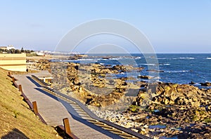 Rocky beach of Atlantic Ocean in Matosinhos, Porto, Portugal photo