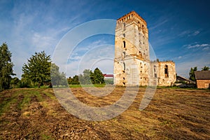 Picturesque ruins of Dominican Monastery with defensive tower in Starokostiantyniv, Khmelnytskyi region, Ukraine