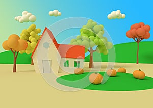 Picturesque rural landscape with harvest in cartoon style. House in the field of pumpkins on the background of the autumn priors.