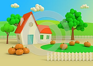 Picturesque rural landscape with harvest in cartoon style. House in the field of pumpkins on the background of the autumn priors.