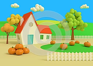 Picturesque rural landscape with harvest in cartoon style. House in the field of pumpkins on the background of the autumn priors.