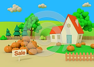 Picturesque rural landscape with harvest in cartoon style. House in the field of pumpkins on the background of the autumn priors.