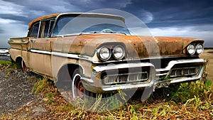 Picturesque rural landscape with old car.