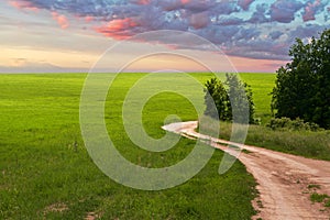 A picturesque rural landscape at sunset. A green field with a winding field road under heavy rain clouds. Copy space.