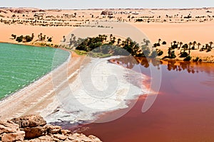Picturesque Sahara landscape - Lake Yoa with green water and a Natrit Lake - Lakedistrict of Ounianga Kebir, Ennedi, Chad