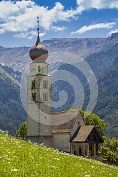 Picturesque San Valentino Church in Castelrotto village Dolomites, Northern Italy