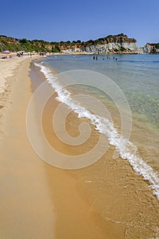 Picturesque sandy Gerakas beach - a breeding site of the caretta sea turtles, situated on Vassilikos peninsula of Zakynthos island