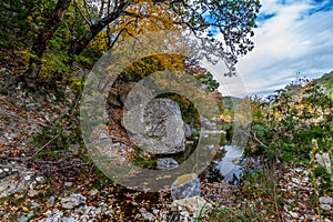 A Picturesque Scene with Beautiful Fall Foliage on a Tranquil Babbling Brook at Lost Maples State Park in Texas.