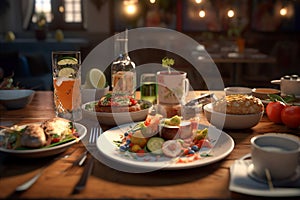 A picturesque scene capturing an array of savory dishes beautifully presented on a table within the cozy confines of a cafe