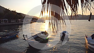 Picturesque scene of fishing boats standing near seashore at sunset. Sun shining through palm leaves. Nature background