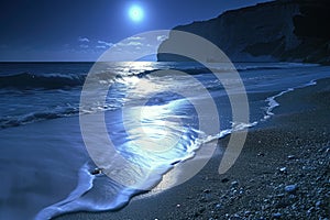 A picturesque scene of a full moon illuminating the ocean, casting a beautiful reflection on the waves crashing on the sandy beach