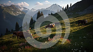 Alpine Grazing: Cows on a Wildflower Meadow. Generative AI