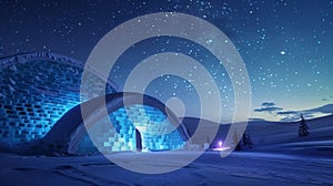 A picturesque scene of a ling ice hotel under a starry night sky inviting visitors for a tranquil slumber. 2d flat