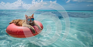 In the picturesque setting of the warm ocean, a calm and relaxed cat lounges on an red inflatable ring
