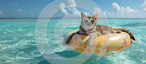 In the picturesque setting of the warm ocean, a calm and relaxed cat lounges on an yellow inflatable ring wearing sunglasses