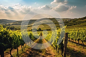 A picturesque shot of a vineyard in the Croatian countryside, with rolling hills and a blue sky in the background. Generative AI