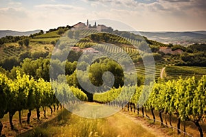 A picturesque shot of a vineyard in the Croatian countryside, with rolling hills and a blue sky in the background. Generative AI