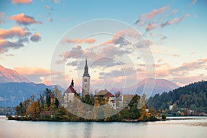 Picturesque Slovenia, Bled lake and town in the evening.