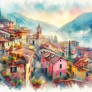 A picturesque small town in Italy with mountain, dreamy color pallete, bohemian watercolor art, painting
