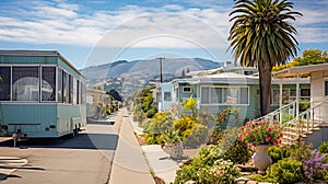 A picturesque small town\'s street view is adorned with charming mobile houses