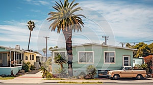 A picturesque small town street view adorned with charming mobile houses and a vintage car, exuding a delightful blend of