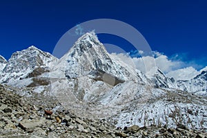 Snow mountain valley at Everest base camp trekking EBC in Nepal photo