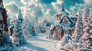 A picturesque snowy village nestled amidst a serene landscape with numerous houses and abundant trees, A magical landscape of