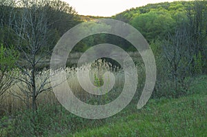 Picturesque spring landscape with hills overgrown with verdant forest and winding river at the foot hiding on a turning