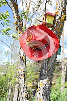 Picturesque spring landscape view of Pchelina Dam in Bulgaria with a red cawboy hat photo