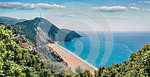 Picturesque spring view of Milos Beach. Panoramic morning seascape of Ionian sea. Aerial outdoor scene of Lefkada Island, Greece,
