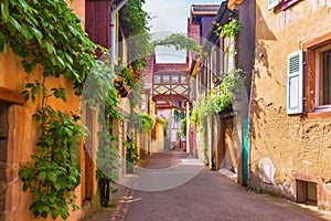 Picturesque street in Kaysersberg, Alsace, France