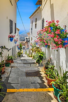 Picturesque street of Mijas with flower pots in facades. Andalusian white village. Costa del Sol. Southern Spain