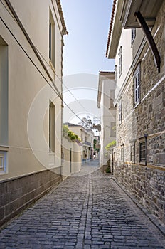 Picturesque street in Myrina, Lemnos island, Greece