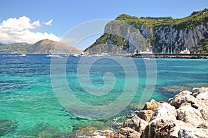 Picturesque summer landscape of beautiful beach in marina grande on capri island, Italy