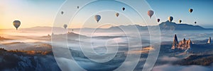 Picturesque summer landscape with colorful hot air balloons panorama. Generative AI