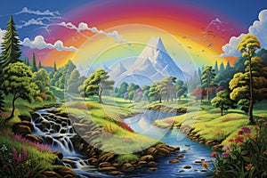 Picturesque Summer landscape rainbow. Generate Ai