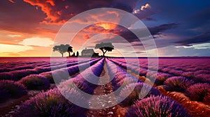 beautiful purple lavender fields at sunset. Picturesque summer nature landscape