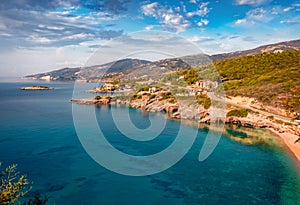 Picturesque summer scene of Zakynthos island. Colorful seascape of Ionian Sea, Mikro Nisi village location, Greece