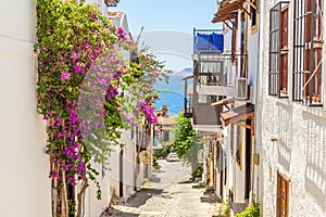 Picturesque summer streets of Kalkan old town, Antalya, Turkey