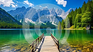 Picturesque summer view of Fusin lake. Splendid morning scene of Julian Alps with Mangat