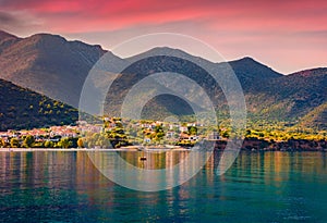 Picturesque summer view of Kyparissi village. Amazing sunset on Peloponnese peninsula, Greece, Europe.