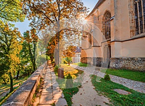 Picturesque sunrise over Church in the Hill. Sighisoara, Transylvania, Romania