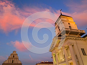 Picturesque sunset in the center of Minsk, town hall view