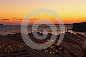 Picturesque sunset landscape photo of luxury beach in Red Sea. View from the roof. Sharm El Sheikh, Egypt. Summer vacation concept