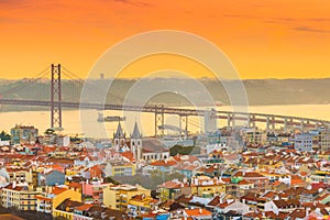 Picturesque sunset in Lisbon. Evening cityscape of the Portugal capital city