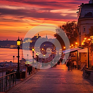 Picturesque sunset over the Danube River, showcasing Belgrade Fortress