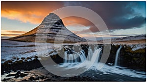 The picturesque sunset over landscapes and waterfalls. Kirkjufell mountain,Iceland