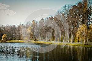 Picturesque sunset over the river, forest in the distance