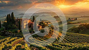 Picturesque sunset over the vineyards of Tuscany, Italy