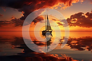 A picturesque sunset silhouette a boat peacefully adrift on water